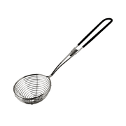 The Popping Boba Scoop is a metal skimmer with a spiral wire basket and long handle featuring black plastic grips for comfort and heat insulation. Its mesh-like circular basket is ideal for straining or lifting popping boba from hot liquids.