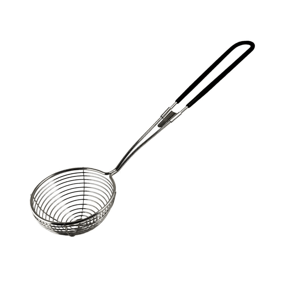 The Popping Boba Scoop is a metal skimmer with a spiral wire basket and long handle featuring black plastic grips for comfort and heat insulation. Its mesh-like circular basket is ideal for straining or lifting popping boba from hot liquids.