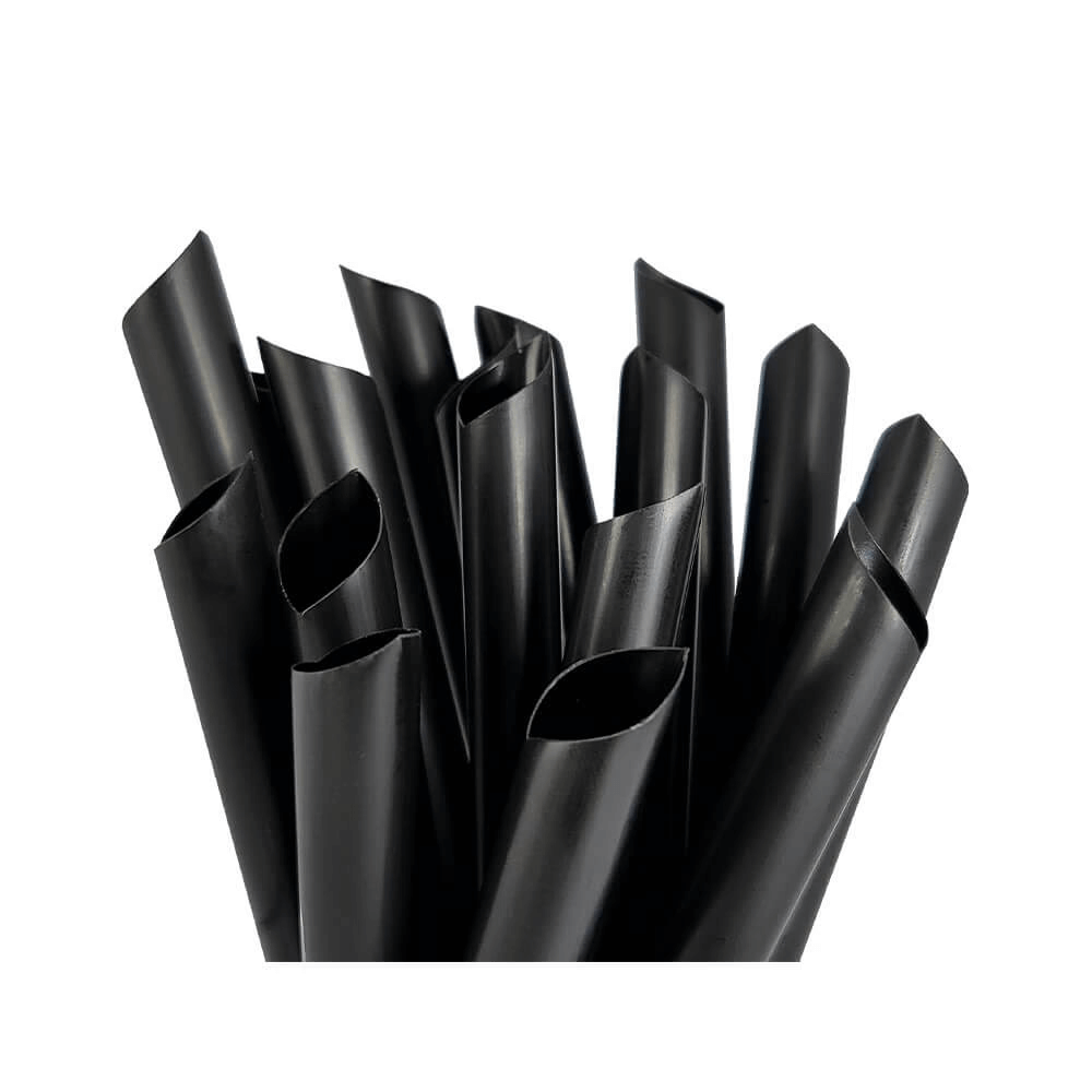 Close-up of black Bubble Tea Straws (250), diagonally cut and wide, standing upright on a white background. The straws have a smooth, glossy finish and are slightly fanned out.