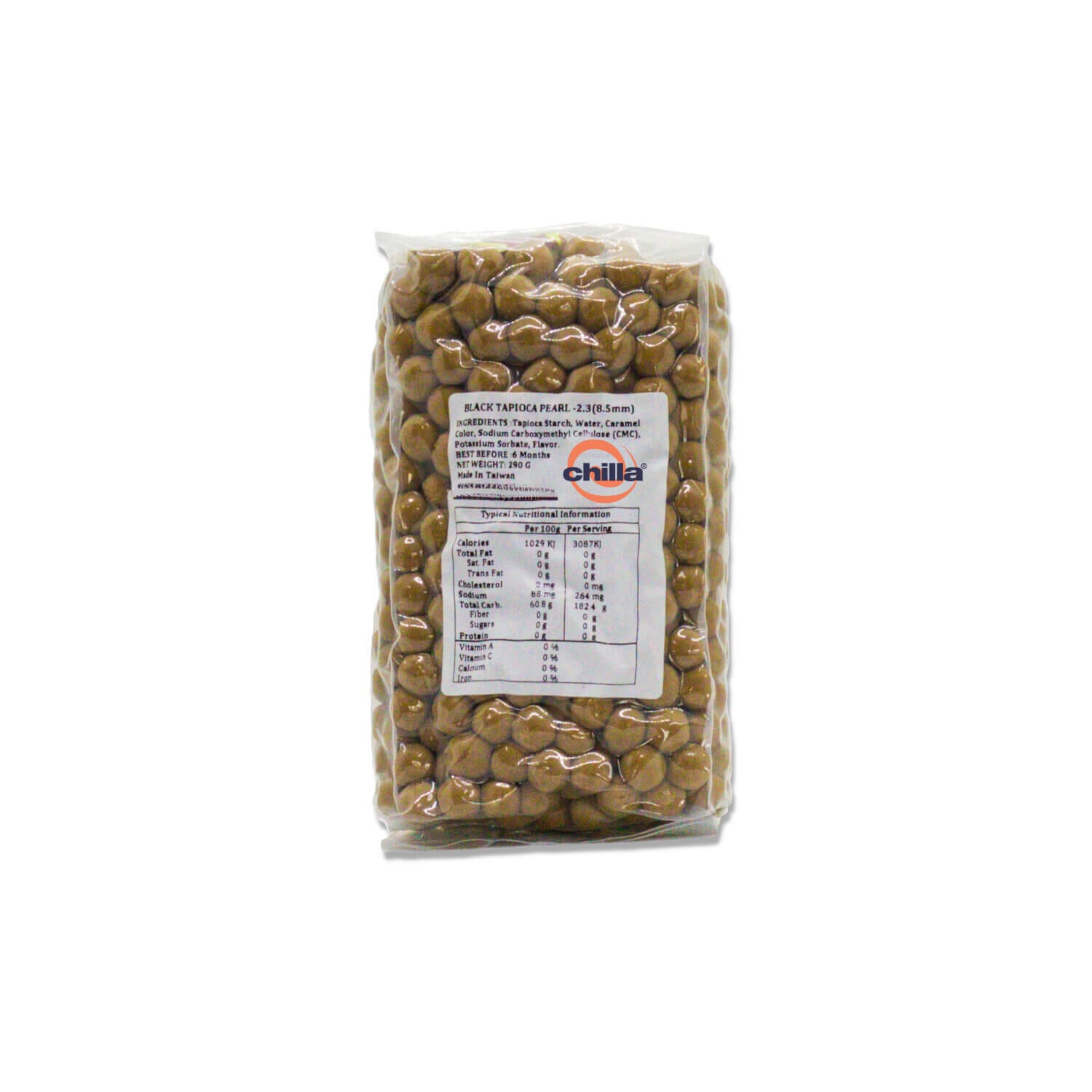 A clear 3kg plastic bag of black tapioca pearls, densely packed and round, features a front label with nutritional info and the brand "Chilla.