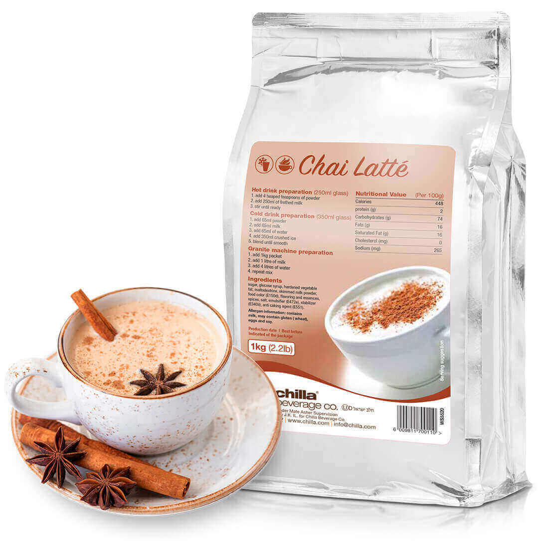 A sealed silver bag labeled "Chilla Chai Powder 1kg - Non-Dairy" shows nutritional info and ingredients beside a chai latte cup, garnished with cinnamon sticks and star anise on a saucer. The package, featuring a cup image, weighs 1kg (2.2lb).
