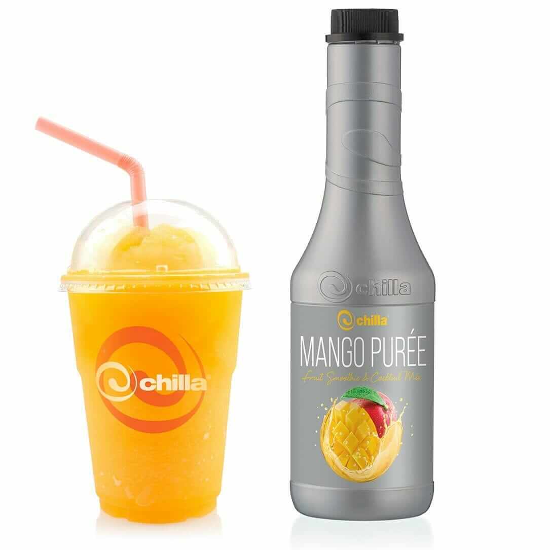 A clear plastic cup filled with vibrant Chilla Mango Smoothie and a red straw stands beside a sleek silver bottle labeled "Chilla Mango Purée," both adorned with the iconic mango image and Chilla logo. The bottle reads "Fruit Smoothie & Cocktail Mix.