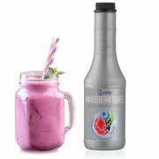 A jar of pink berry smoothie, garnished with mint and striped straws, sits next to a 1lt Chilla Mixed Berry Smoothie bottle featuring vibrant images of red, blue, and blackberries.