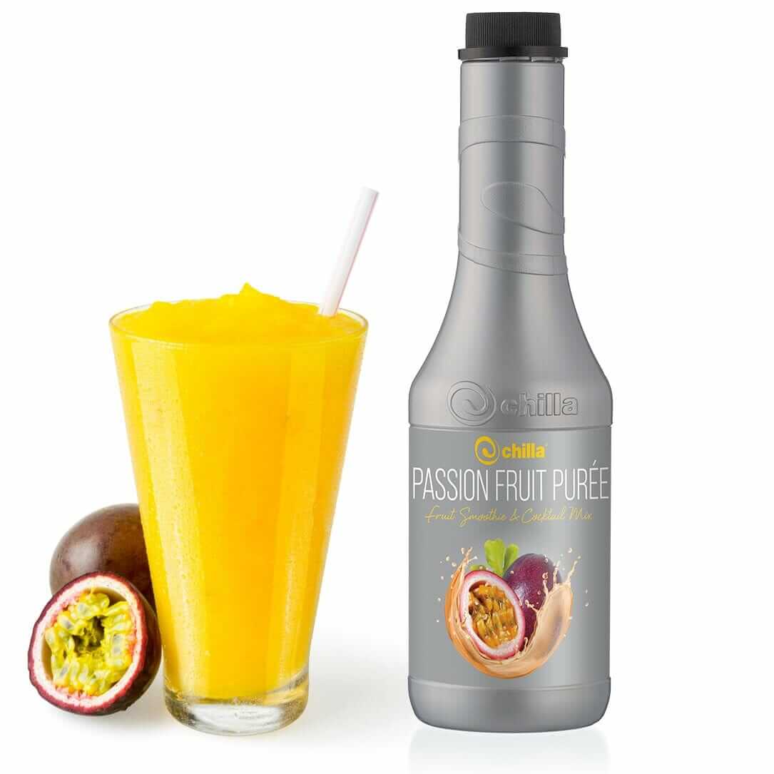 A glass of vibrant yellow passion fruit smoothie with a straw sits next to a whole and halved passion fruit, alongside a sleek gray bottle labeled "Chilla Passion Fruit Smoothie 1lt," promising delicious Chilla Smoothie perfection in every sip.