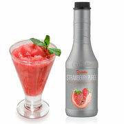 A glass of strawberry puree with mint leaves sits beside a sleek grey bottle of Chilla Strawberry Smoothie 1lt, featuring vibrant strawberries, perfect as a base for delicious fruit smoothies or flavorful cocktails.