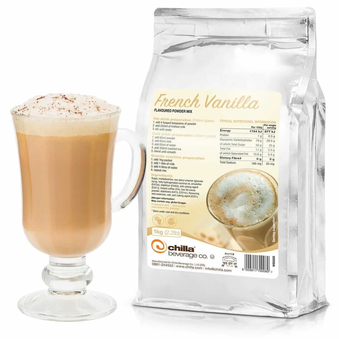 A tall clear glass with a frothy light brown French Vanilla Chilla sits next to a silver package labeled "Chilla Hot French Vanilla Mocca Powder 1kg," showing its nutritional info and branding. Bubbles and specks of powder are visible atop the drink's foam.