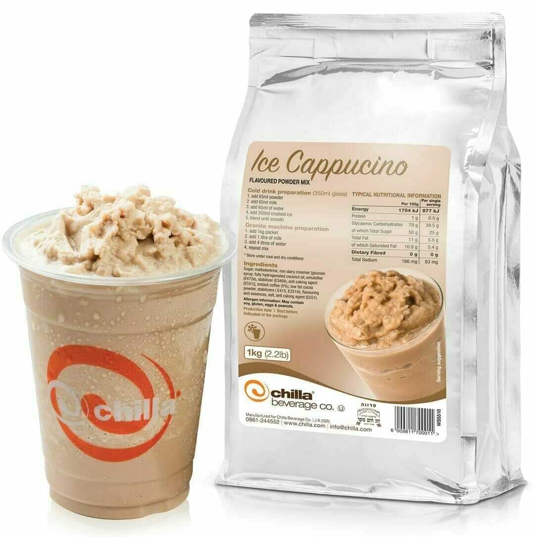 A plastic cup of iced cappuccino, with frothy ice on top, is next to a 1kg silver packet labeled "Chilla Ice Cappuccino Powder Non-Dairy." The packet shows product details, nutritional info, and features the "Chilla Beverage Co." logo with contact information.