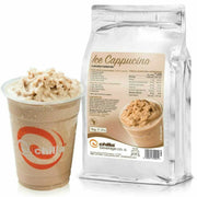 A plastic cup of iced cappuccino, with frothy ice on top, is next to a 1kg silver packet labeled "Chilla Ice Cappuccino Powder Non-Dairy." The packet shows product details, nutritional info, and features the "Chilla Beverage Co." logo with contact information.