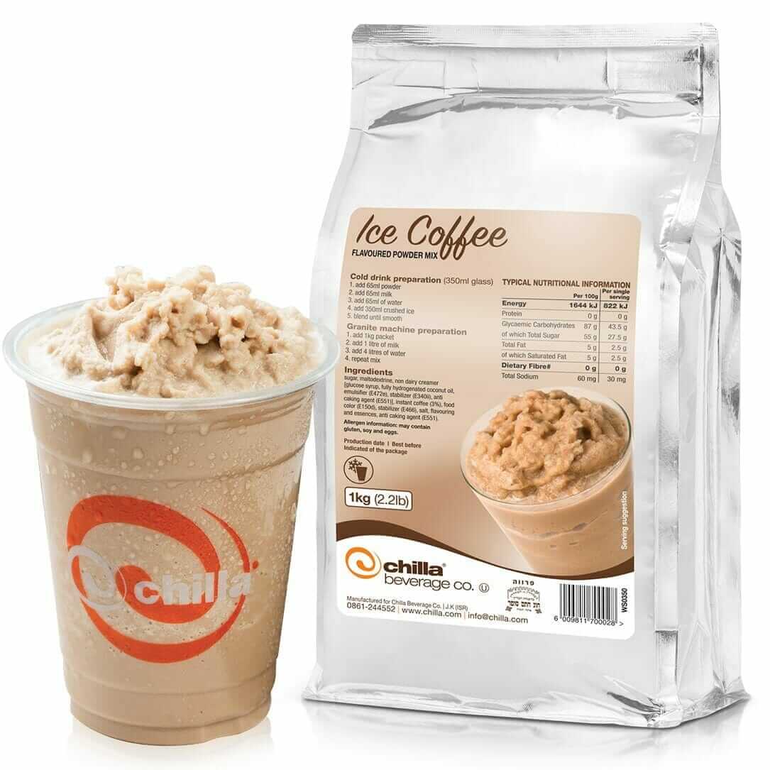 A plastic cup with a frothy iced coffee topped with ice sits by a bag of Chilla Ice Coffee Powder 1kg - Non Dairy. The cup displays a red "chilla" logo, while the silver bag offers nutritional info and instructions.