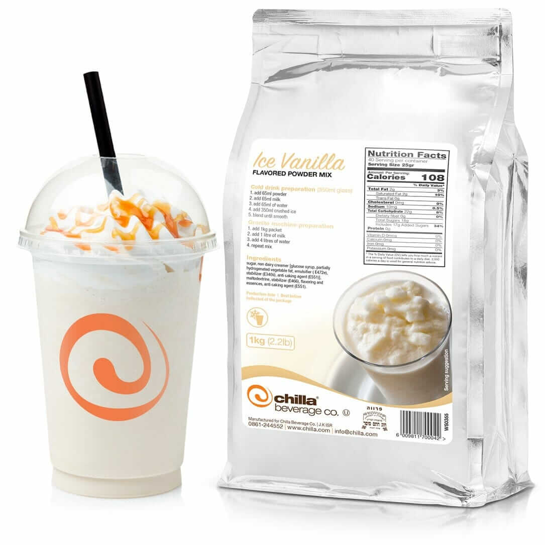 A clear cup is filled with a creamy vanilla shake, topped with whipped cream and caramel drizzle, featuring a black straw. Beside it sits a silver 1kg bag of Chilla Vanilla Powder, showing its nutrition facts, ingredients, and preparation instructions.