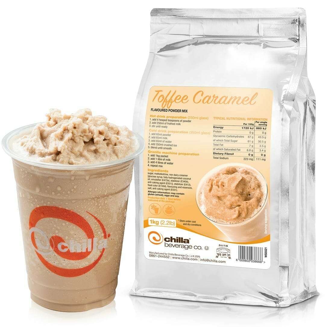 A clear cup filled with a toffee caramel-flavored non-dairy blend, topped with whipped cream, sits next to a 1kg silver bag of Chilla Toffee Caramel Powder non-dairy mix featuring nutritional info and an image of the delicious drink.