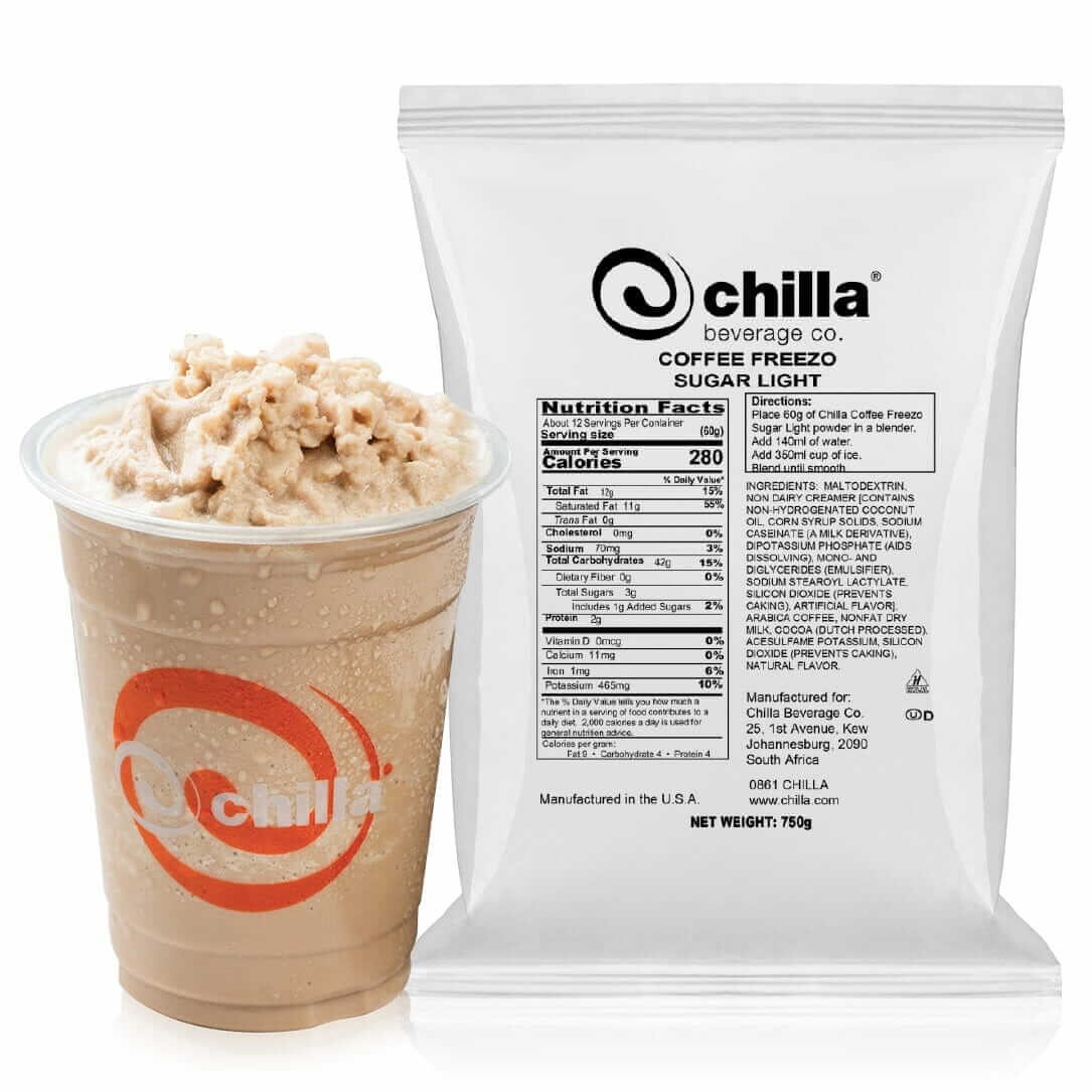 A clear cup of Chilla Coffee contains a creamy iced drink with the "Freezo" logo. Next to it sits a package labeled "Chilla Coffee Freezo SUGAR LIGHT Powder 1kg," displaying nutrition facts and aligning perfectly with the refreshing promise of the beverage.